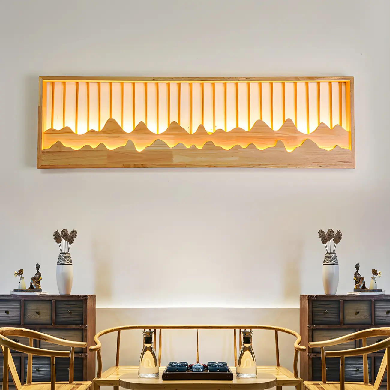 Oriental Wood Geometric LED Wall Sconce for Bedroom Image - 5 | homeyfad