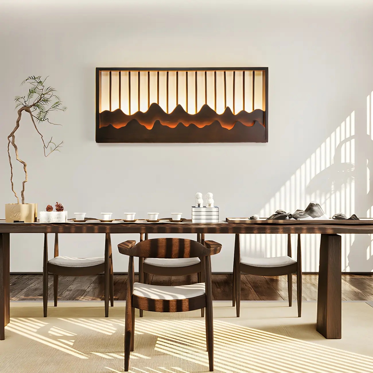 Oriental Wood Geometric LED Wall Sconce for Bedroom Image - 8 | homeyfad