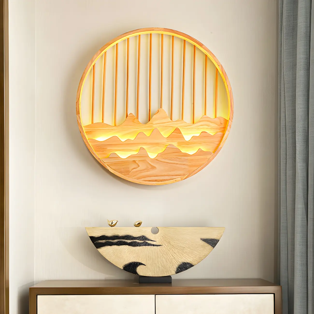 Oriental Wood Geometric LED Wall Sconce for Bedroom Image - 19 | homeyfad