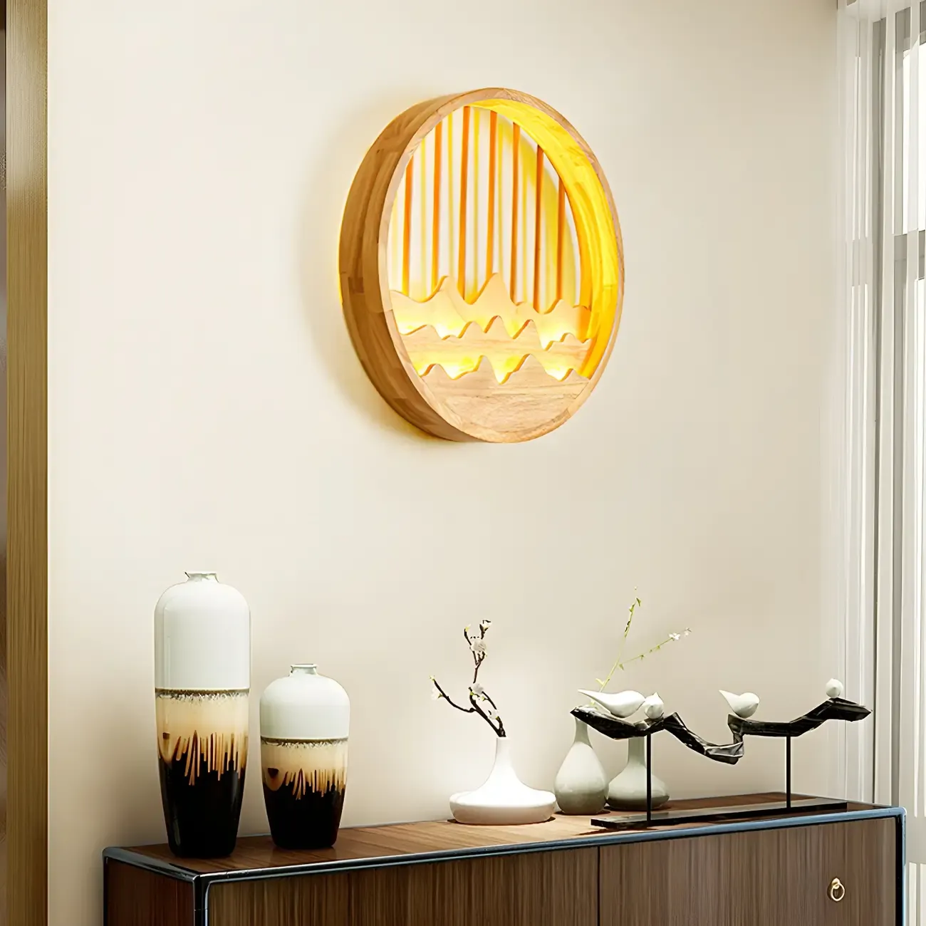 Oriental Wood Geometric LED Wall Sconce for Bedroom Image - 20
