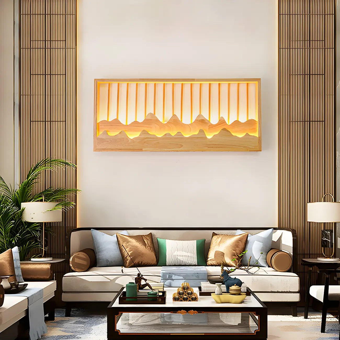 Oriental Wood Geometric LED Wall Sconce for Bedroom Image - 21 | homeyfad