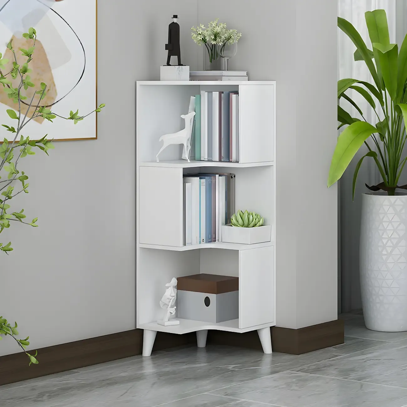 Scandinavian Walnut Wood Corner Bookcase 3-Tier Image - 2