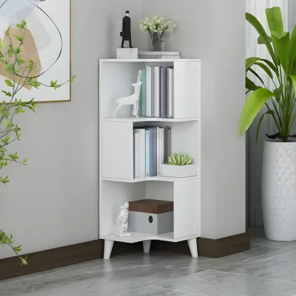 Scandinavian Walnut Wood Corner Bookcase 3-Tier Image - 2
