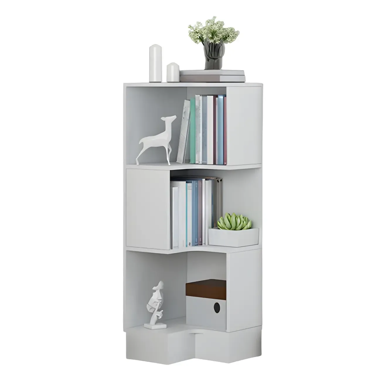 Scandinavian Walnut Wood Corner Bookcase 3-Tier Image - 4