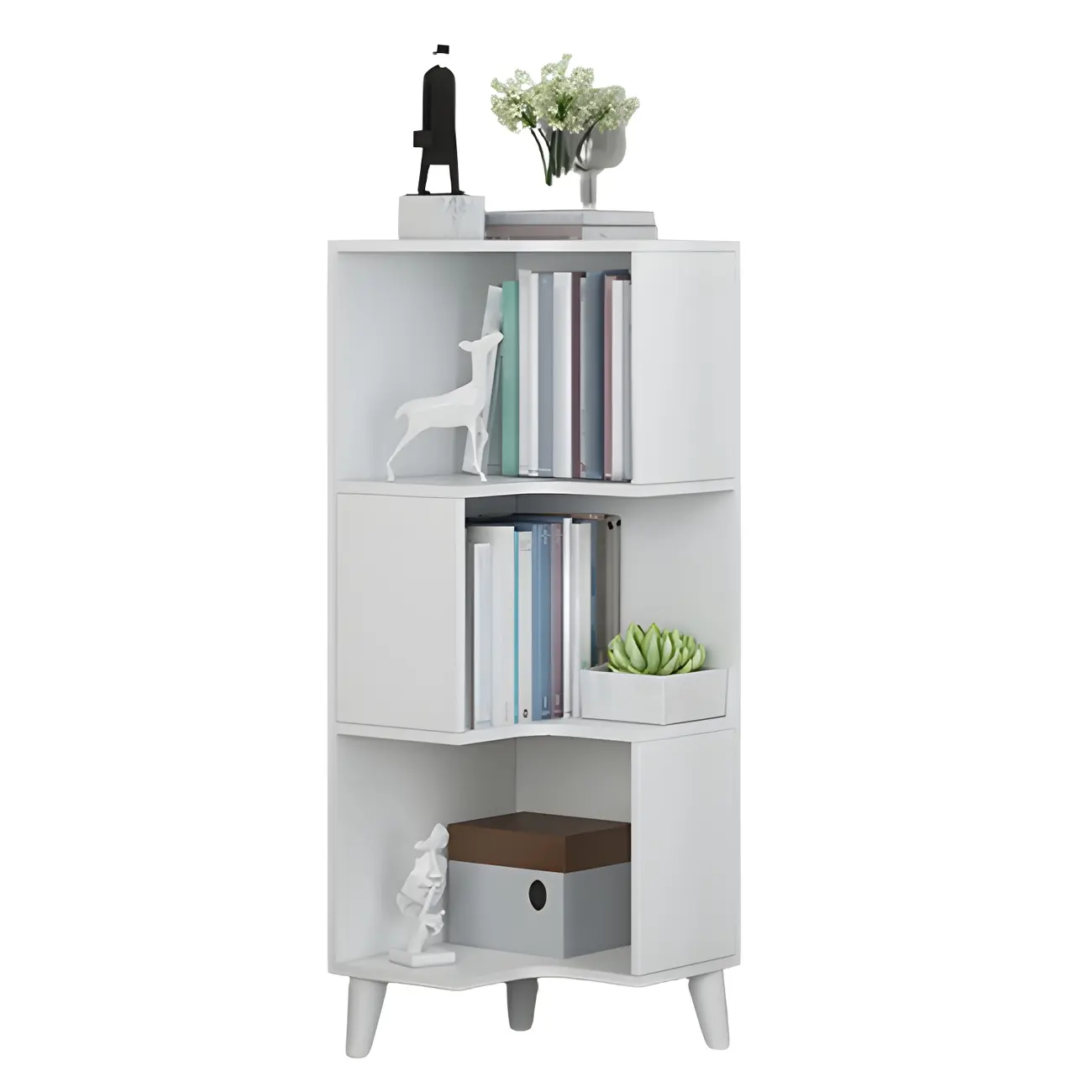 Scandinavian Walnut Wood Corner Bookcase 3-Tier Image - 5 | homeyfad