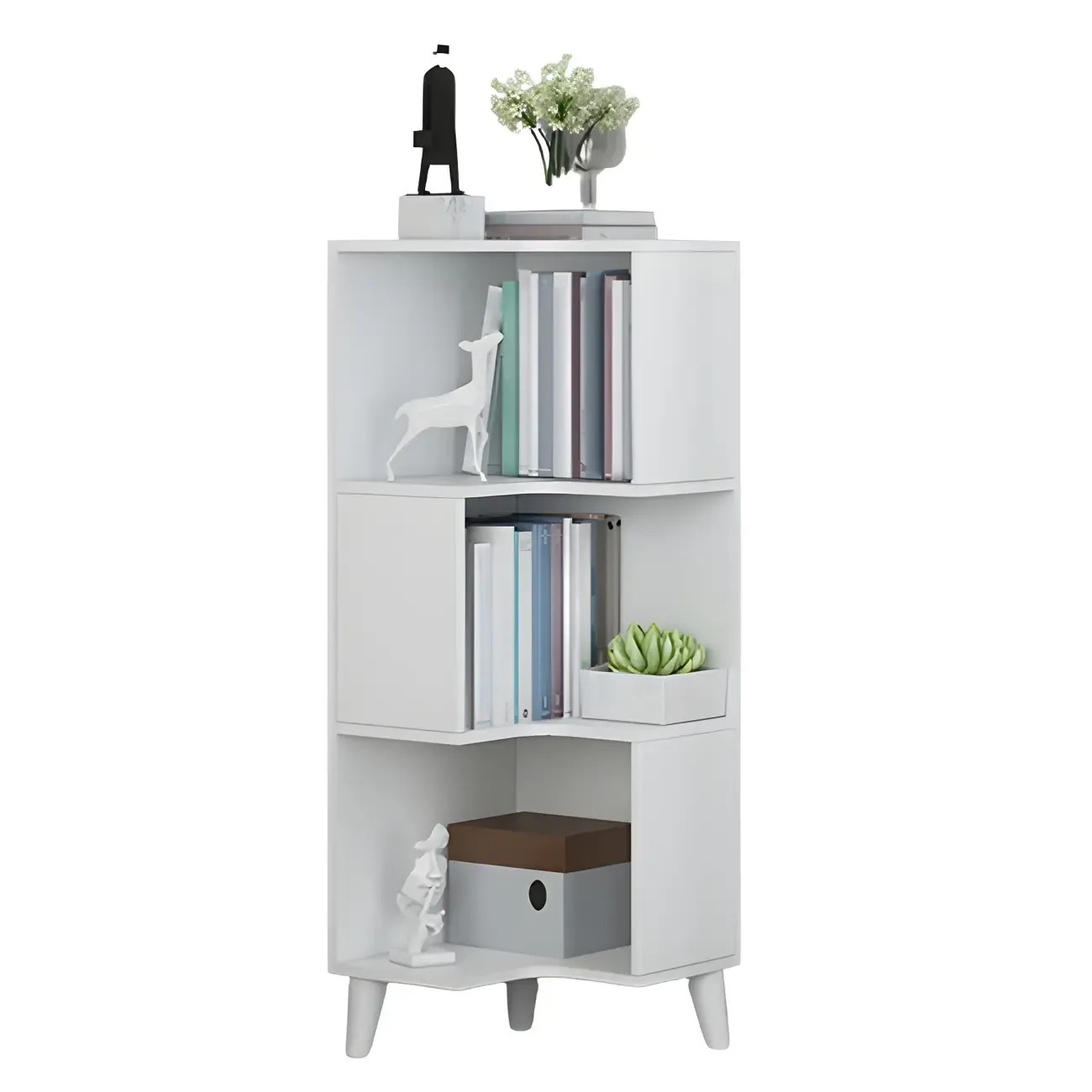 Scandinavian Walnut Wood Corner Bookcase 3-Tier Image - 5