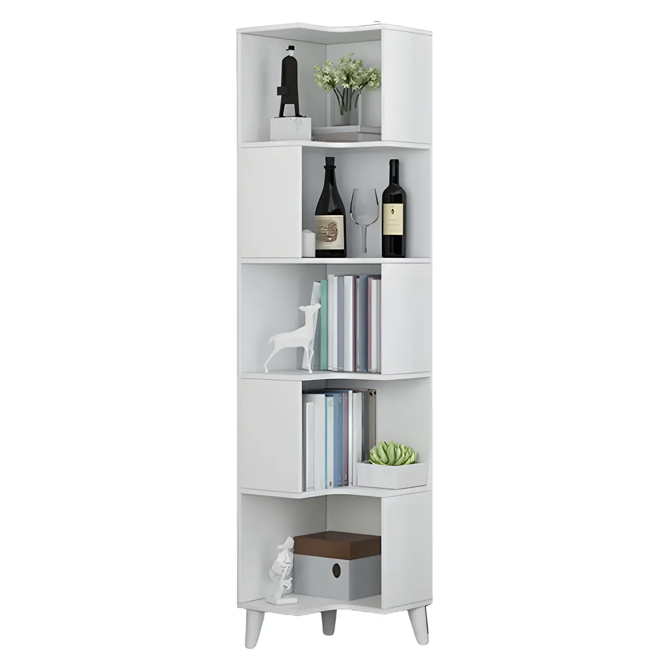 Scandinavian Walnut Wood Corner Bookcase 3-Tier Image - 7