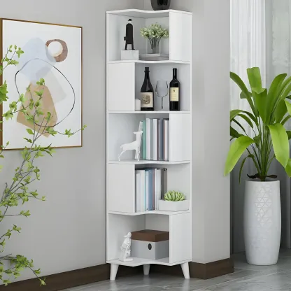 Scandinavian Walnut Wood Corner Bookcase 3-Tier Image - 3