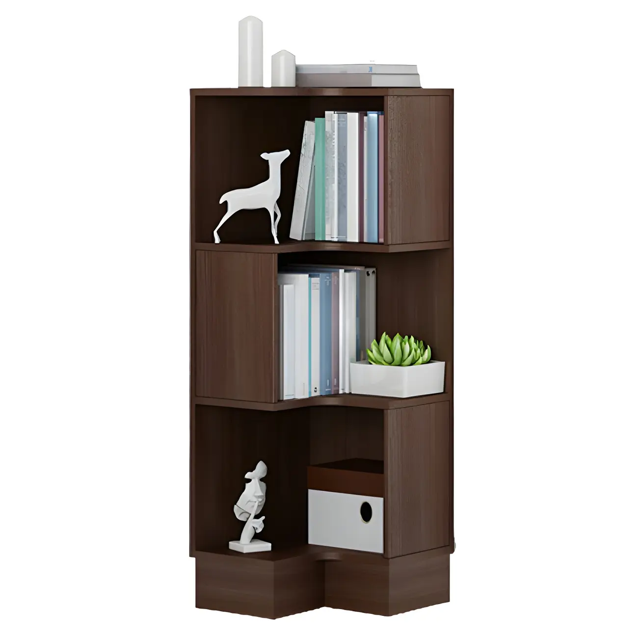 Scandinavian Walnut Wood Corner Bookcase 3-Tier Image - 8 | homeyfad