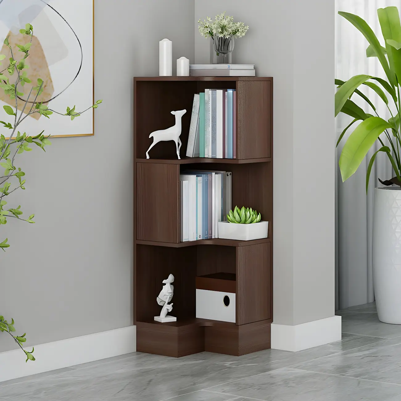 Scandinavian Walnut Wood Corner Bookcase 3-Tier Image - 9 | homeyfad