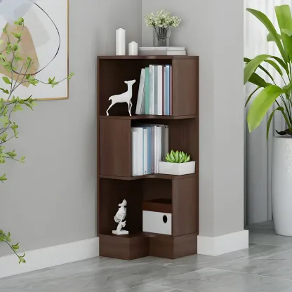 Scandinavian Walnut Wood Corner Bookcase 3-Tier Image - 9