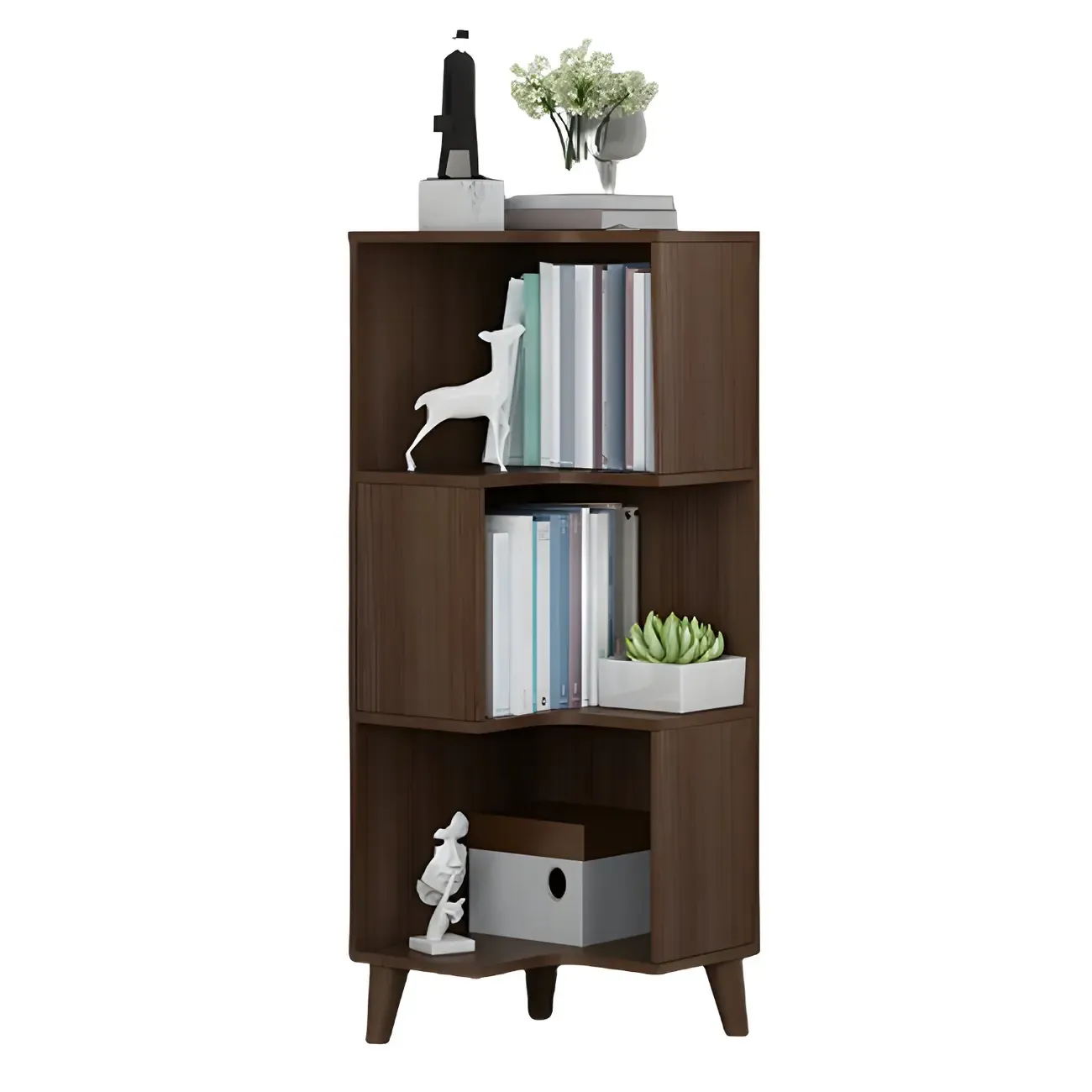 Scandinavian Walnut Wood Corner Bookcase 3-Tier Image - 10