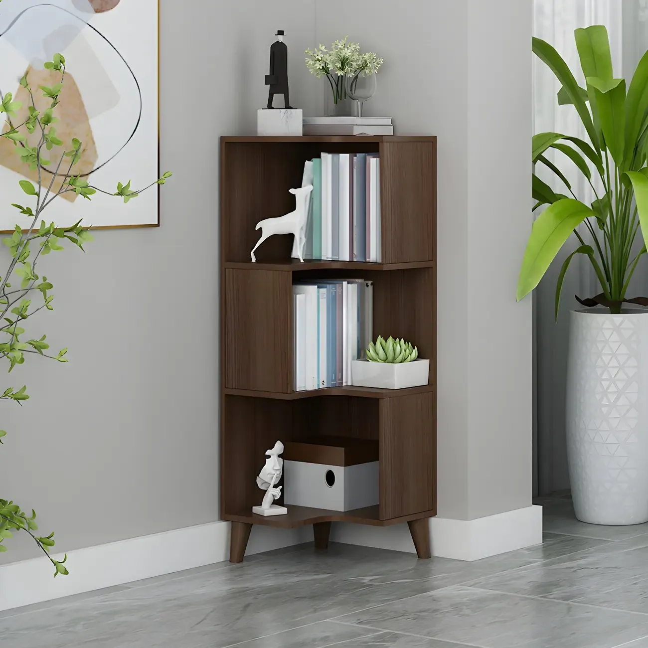 Scandinavian Walnut Wood Corner Bookcase 3-Tier Image - 1