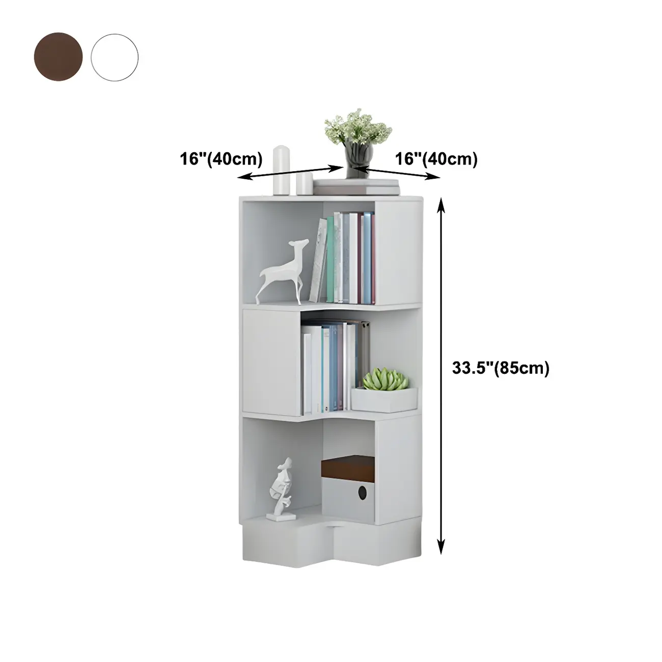 Scandinavian Walnut Wood Corner Bookcase 3-Tier #size
