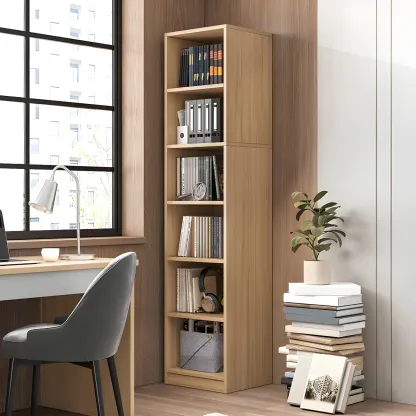 Narrow Tall Brown Wood 6-Shelf Closed Back Bookcase Image - 2