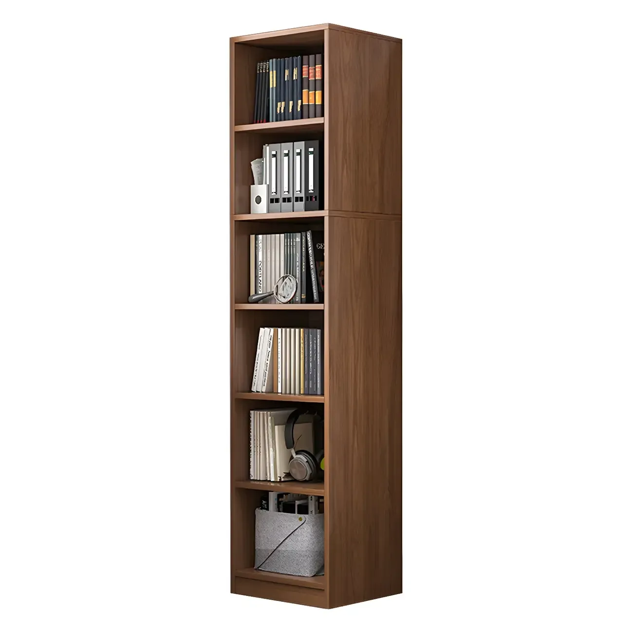 Narrow Tall Brown Wood 6-Shelf Closed Back Bookcase Image - 4