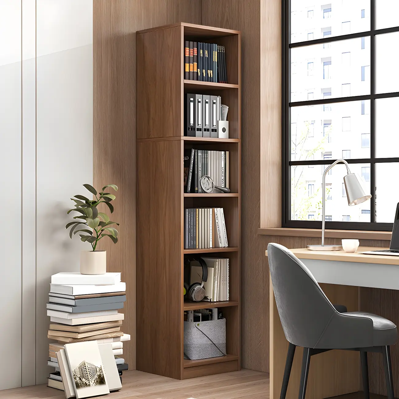 Narrow Tall Brown Wood 6-Shelf Closed Back Bookcase Image - 1 | homeyfad