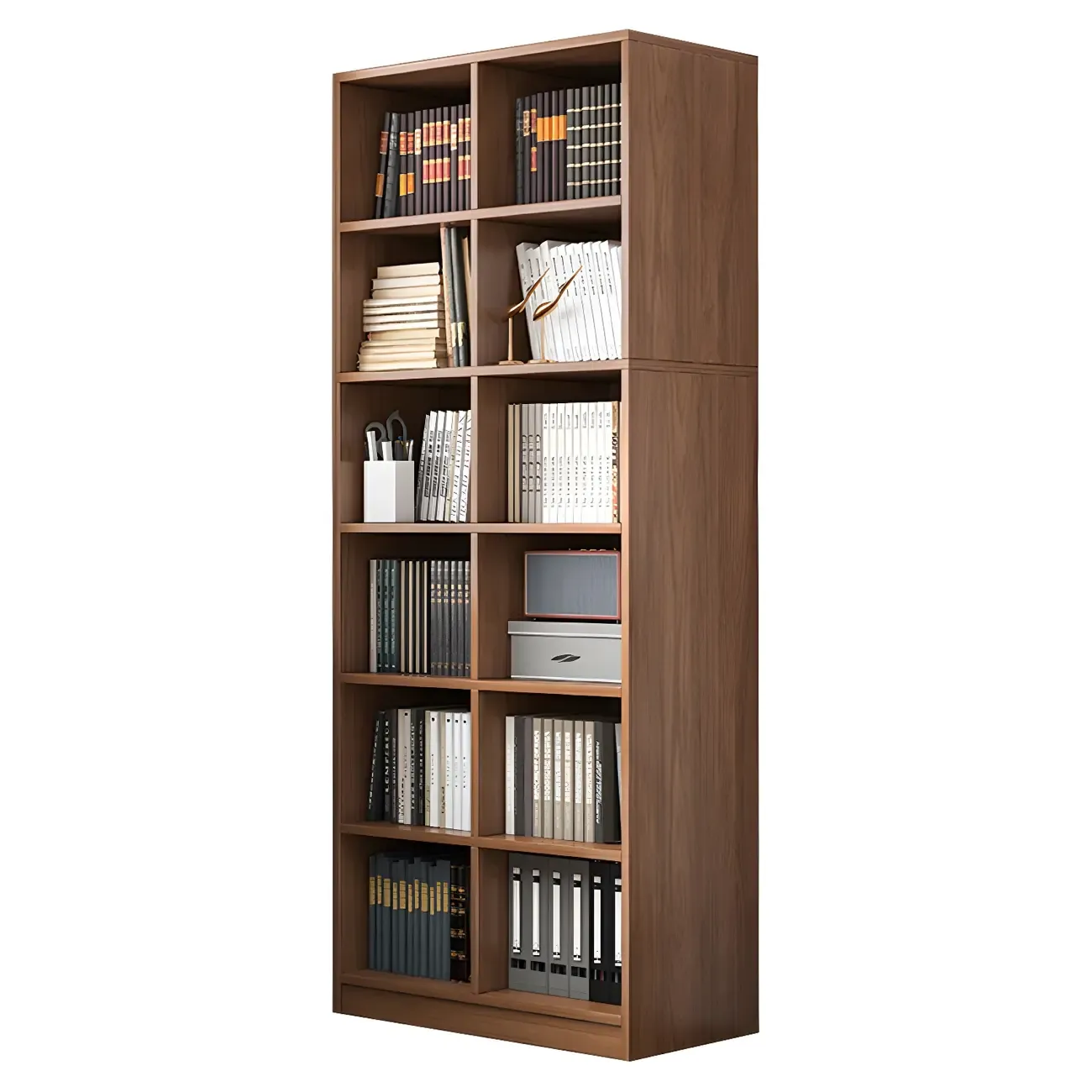 Narrow Tall Brown Wood 6-Shelf Closed Back Bookcase Image - 7