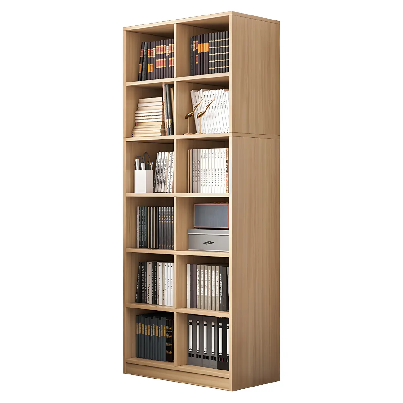 Narrow Tall Brown Wood 6-Shelf Closed Back Bookcase Image - 9 | homeyfad