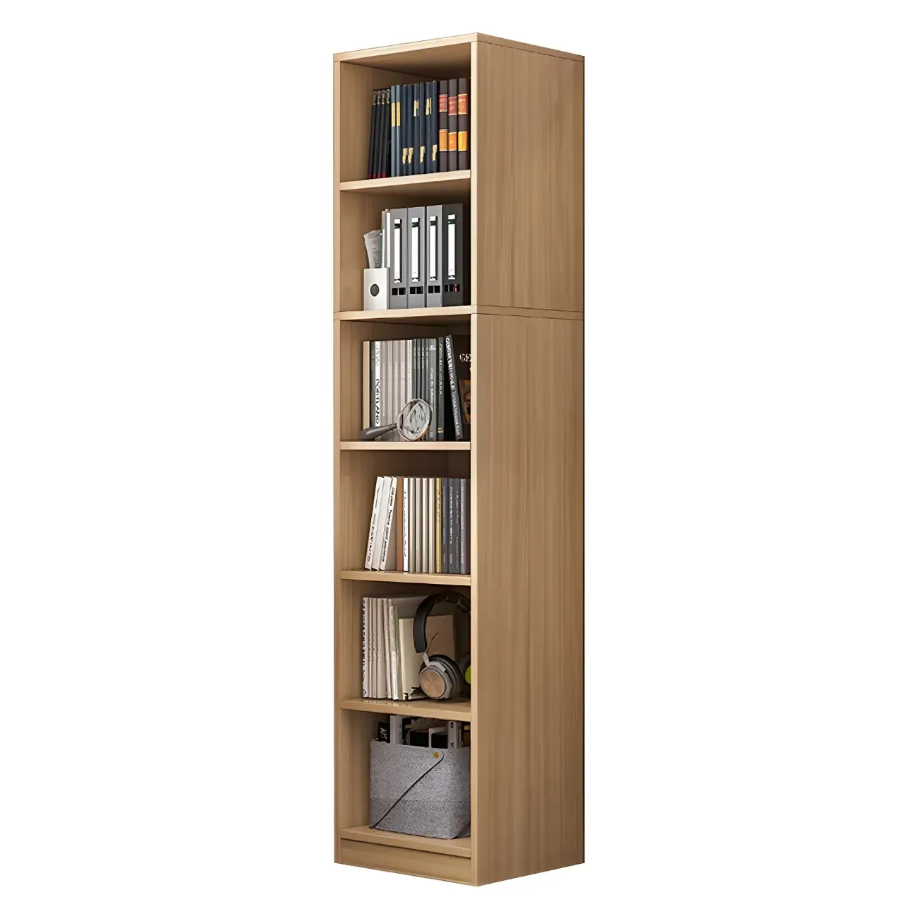 Narrow Tall Brown Wood 6-Shelf Closed Back Bookcase Image - 11