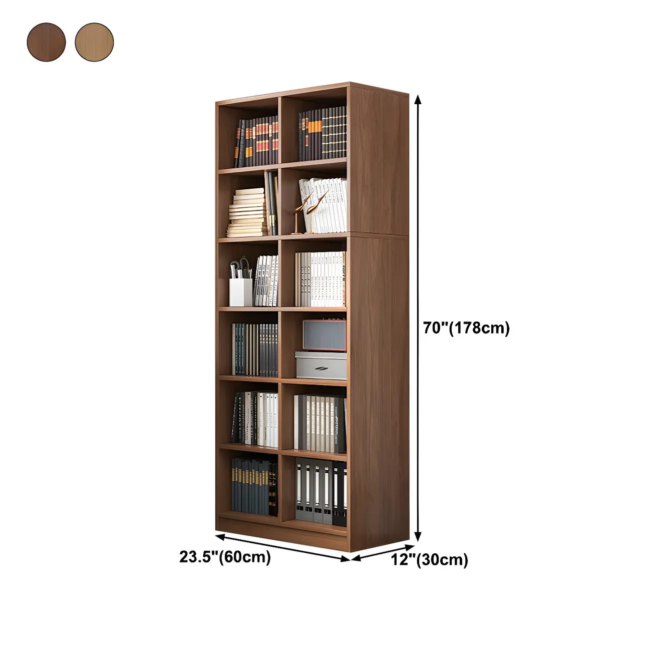 Narrow Tall Brown Wood 6-Shelf Closed Back Bookcase #size