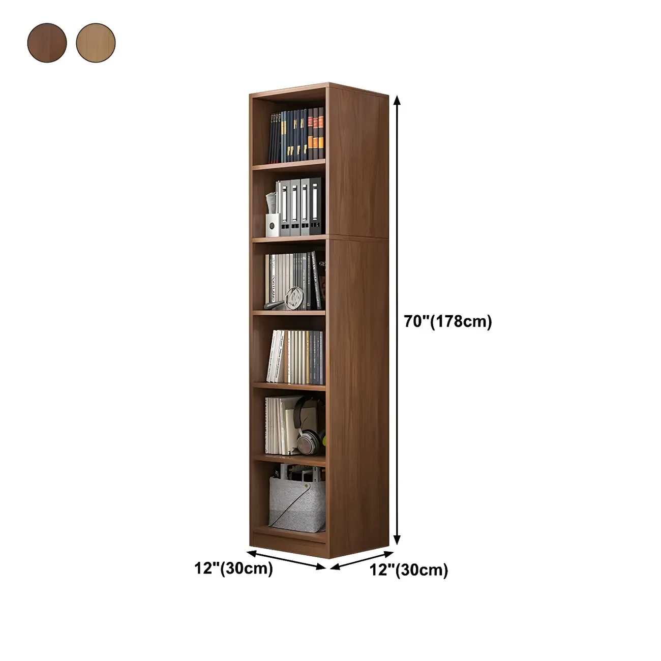 Narrow Tall Brown Wood 6-Shelf Closed Back Bookcase Image - 17
