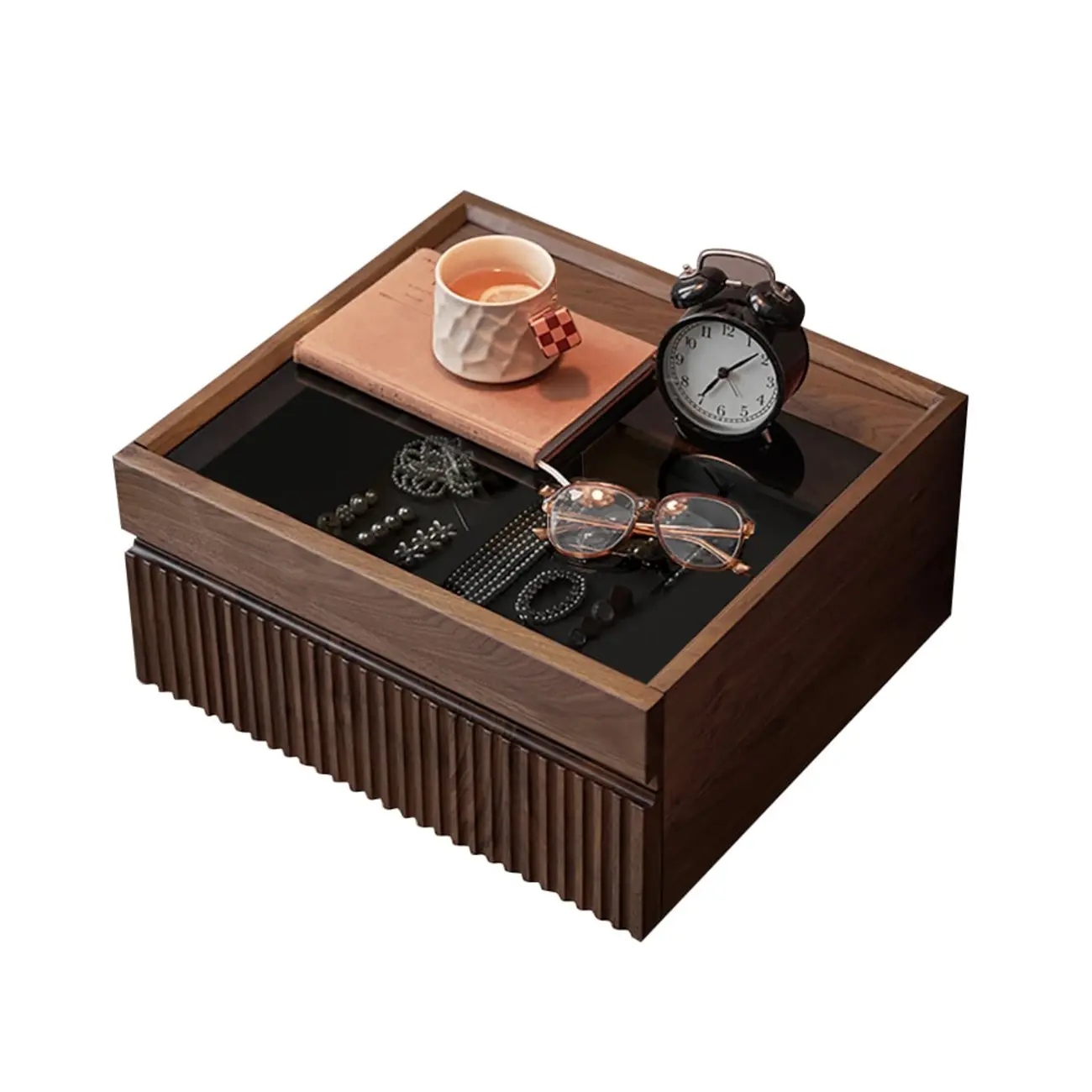 Modern Glass Top Walnut Floating Nightstand with Drawers Image - 9 | homeyfad