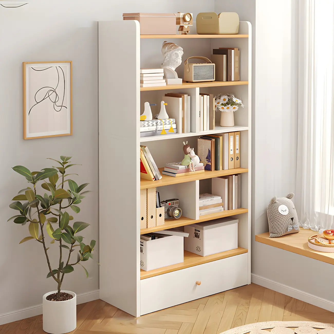 6-Shelf White Display Bookcase with Drawer for Home Office Image - 1 | homeyfad