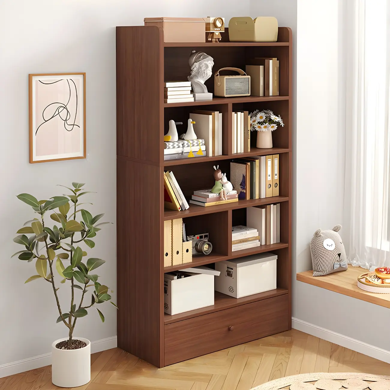 6-Shelf White Display Bookcase with Drawer for Home Office Image - 2 | homeyfad