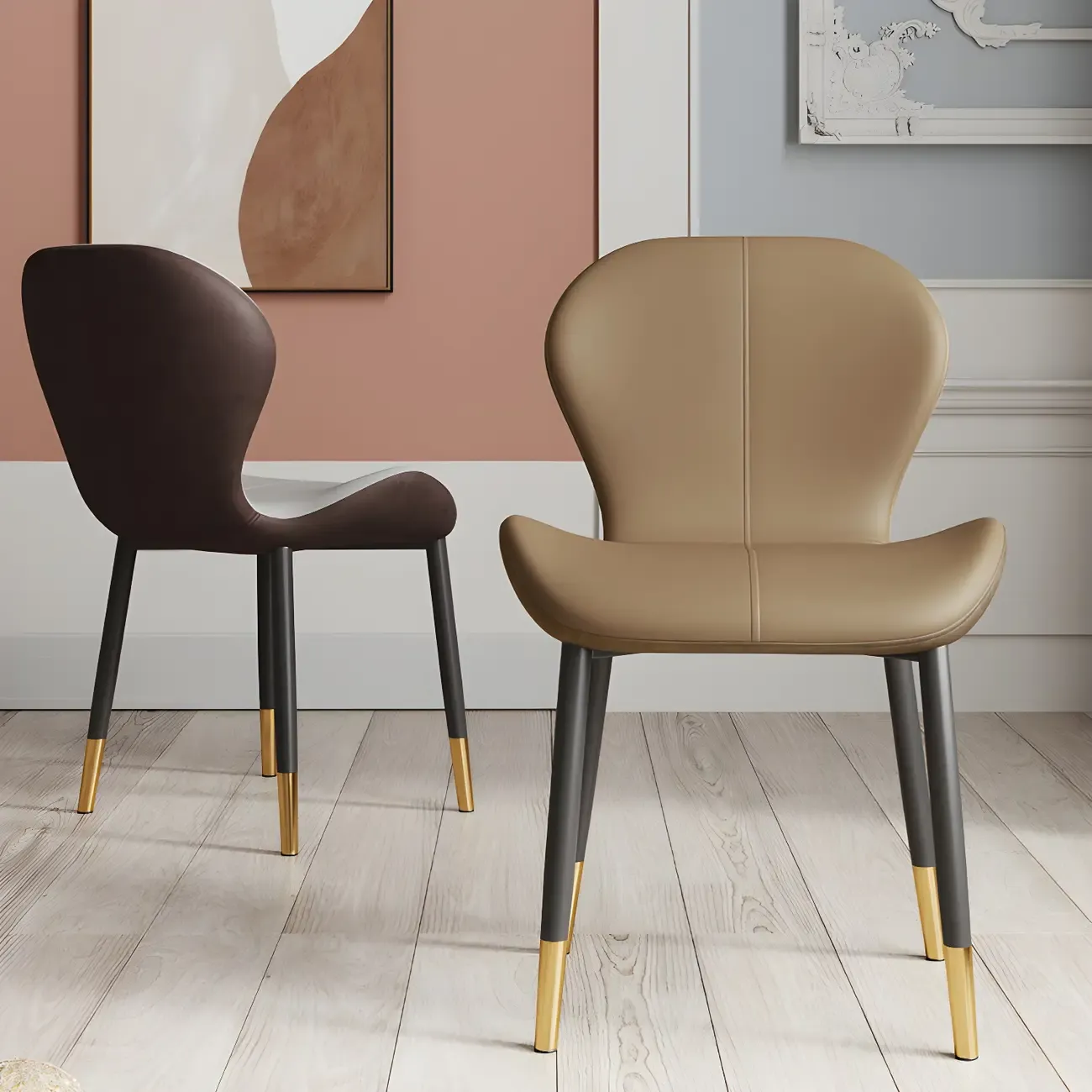 Art Deco Curved Back Leather Dining Chair Solid Back Image - 5