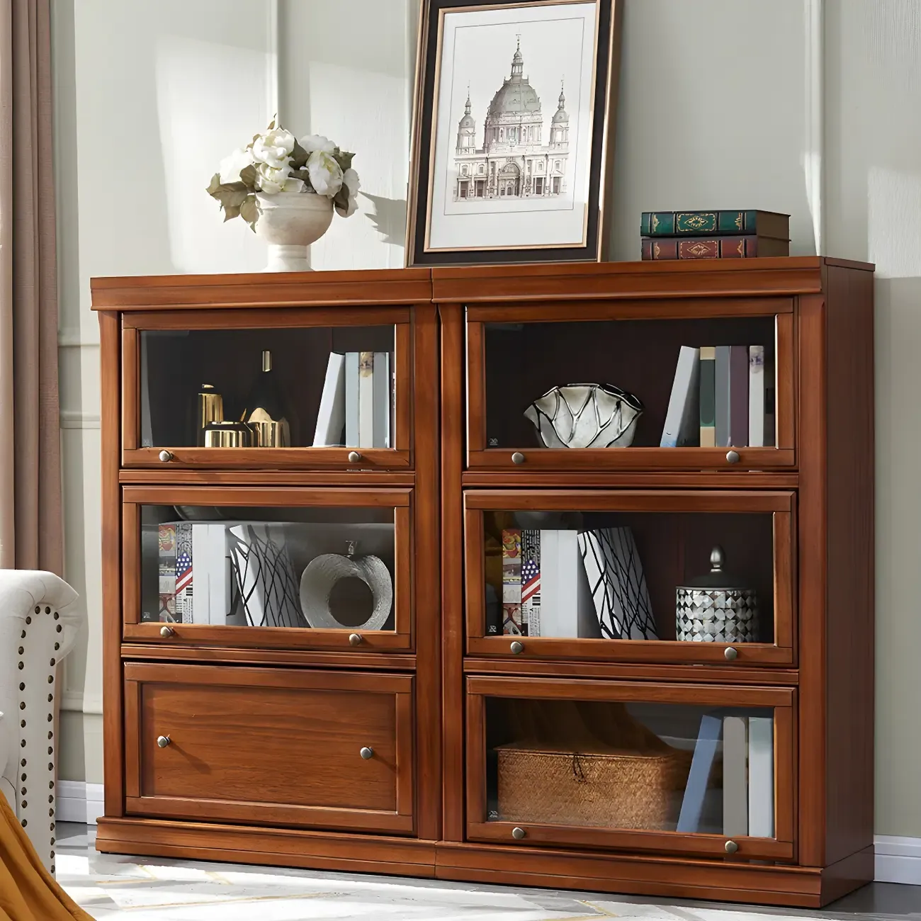 Brown Oak Wood Barrister Bookcases with Glass Doors Image - 1