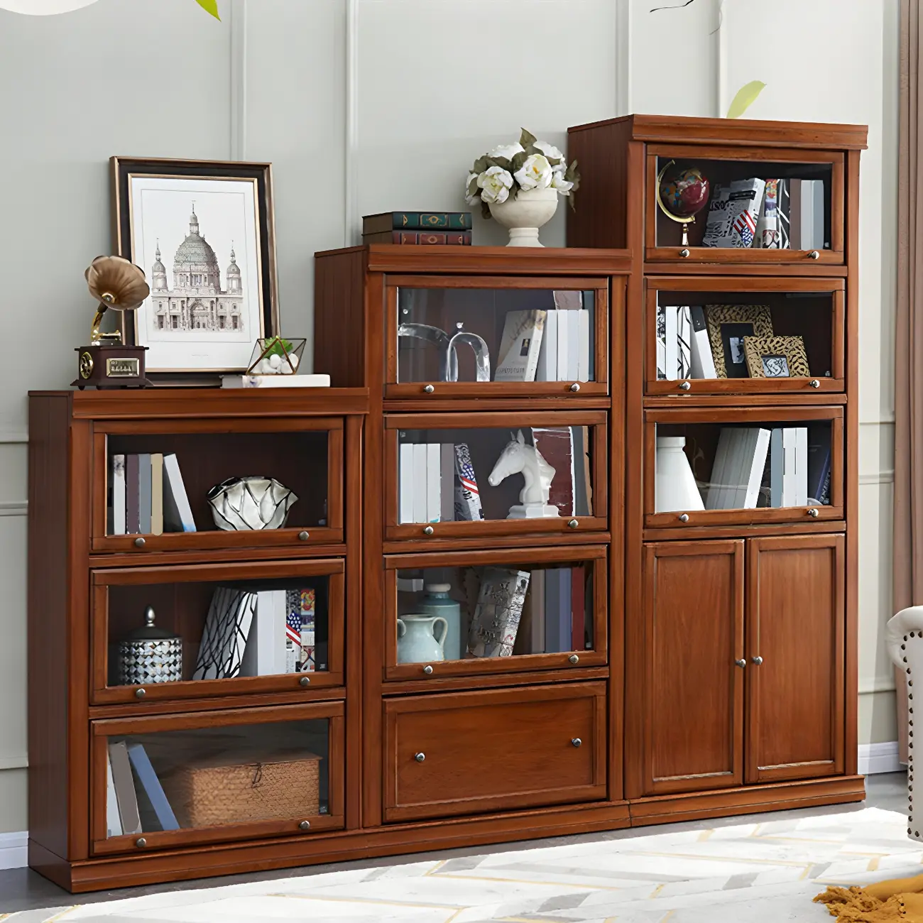 Brown Oak Wood Barrister Bookcases with Glass Doors Image - 2 | homeyfad