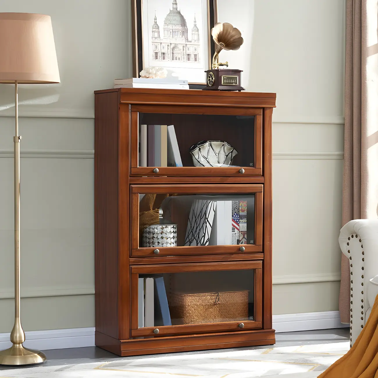 Brown Oak Wood Barrister Bookcases with Glass Doors Image - 3 | homeyfad