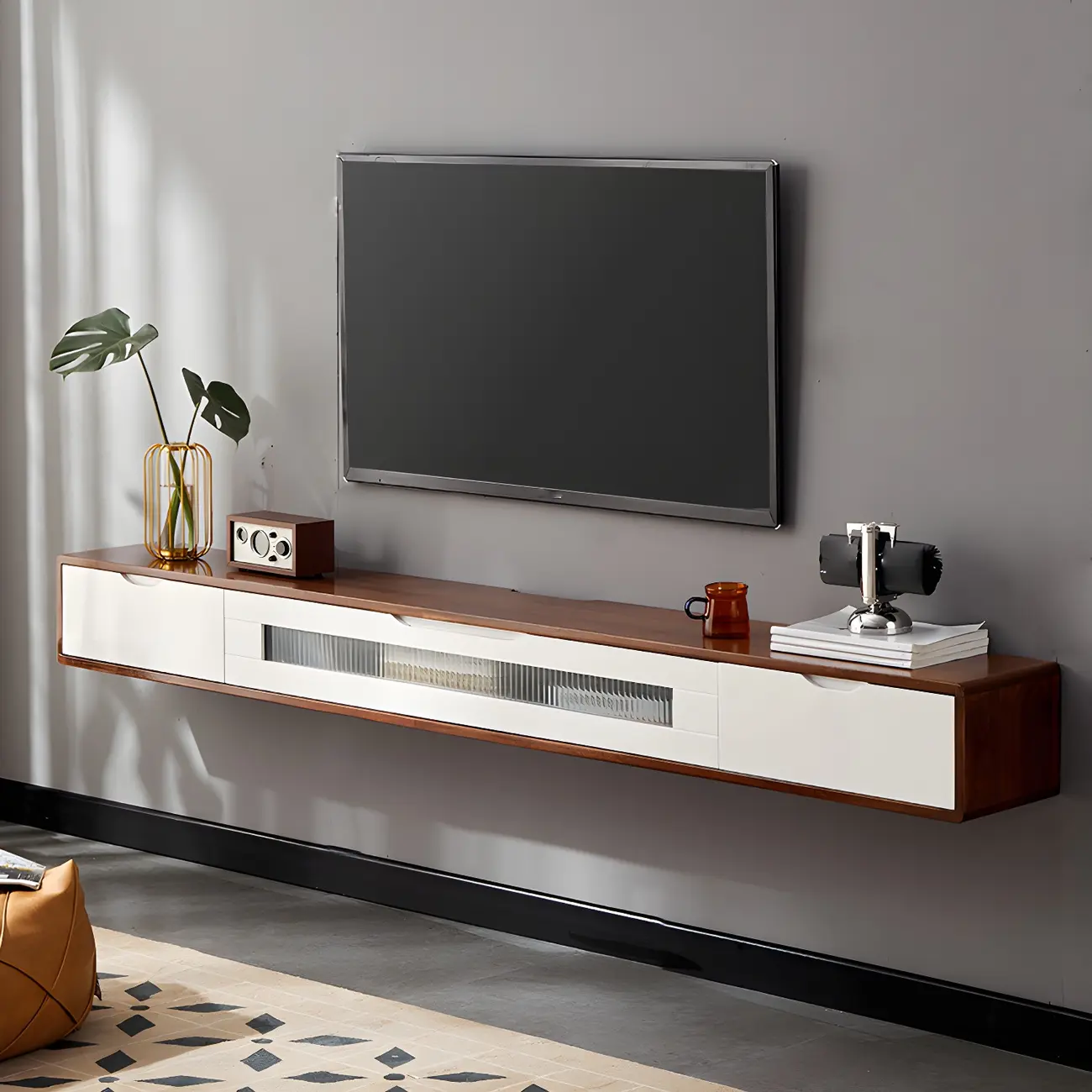 Rubberwood Wall Mount TV Stand Entertainment Center Image - 3 | homeyfad