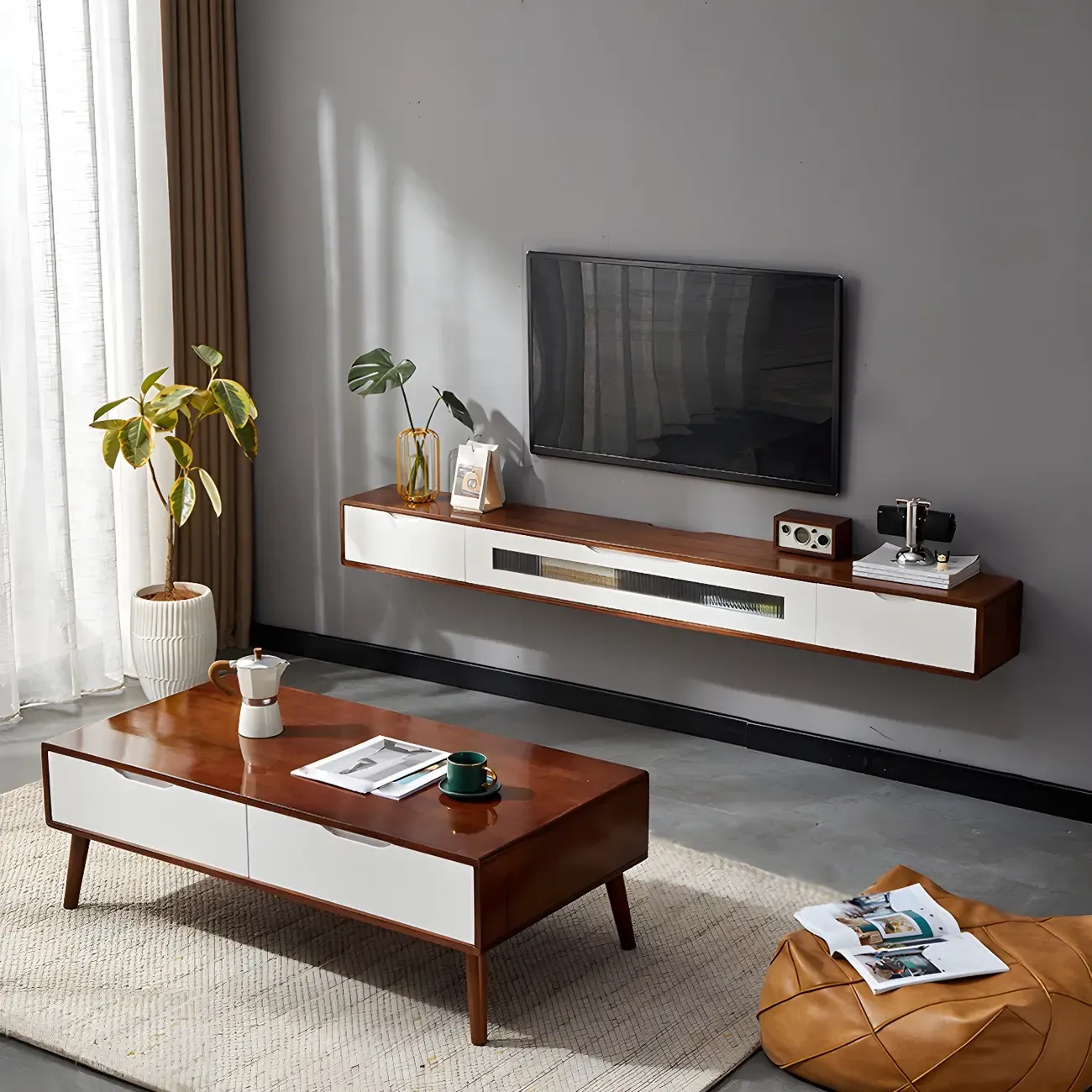 Rubberwood Wall Mount TV Stand Entertainment Center Image - 4