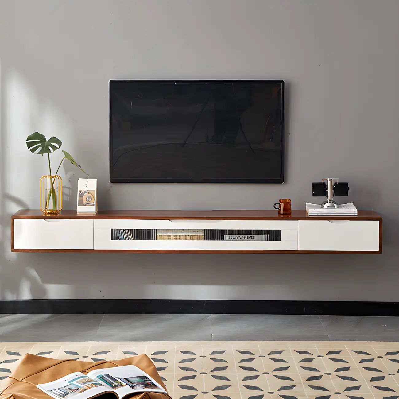 Rubberwood Wall Mount TV Stand Entertainment Center Image - 1 | homeyfad
