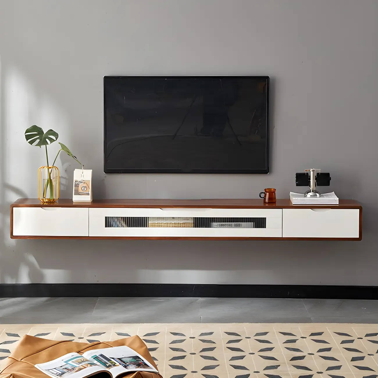 Rubberwood Wall Mount TV Stand Entertainment Center Image - 1