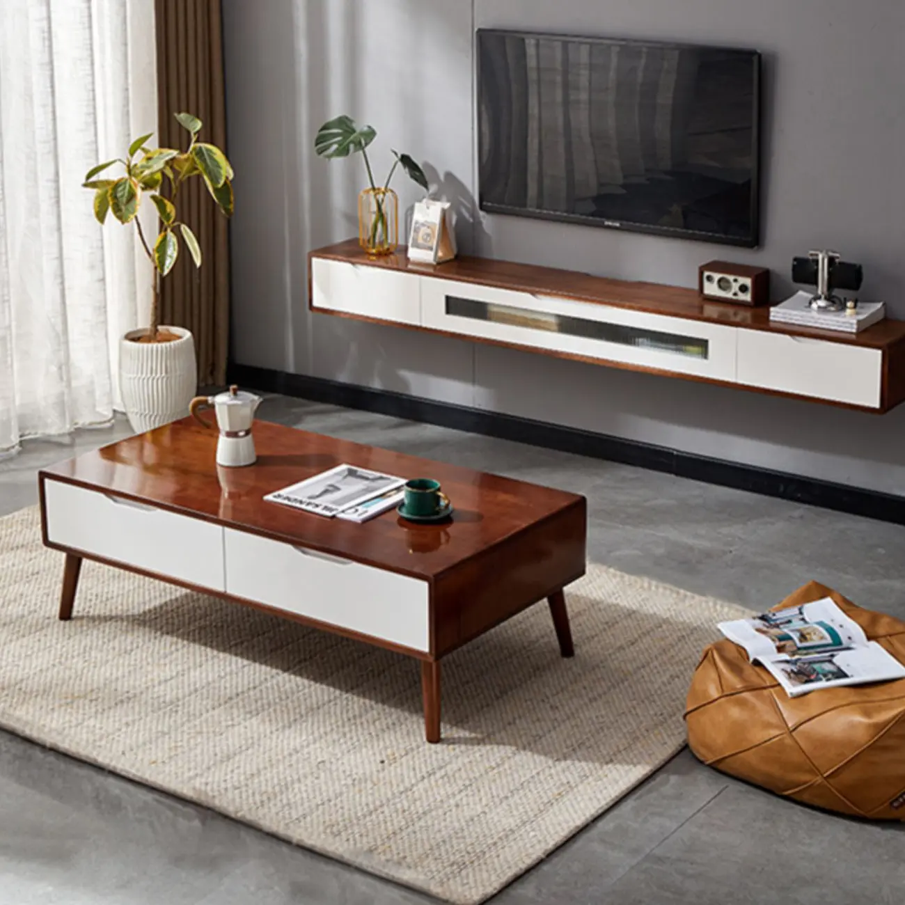 Rubberwood Wall Mount TV Stand Entertainment Center Image - 9 | homeyfad