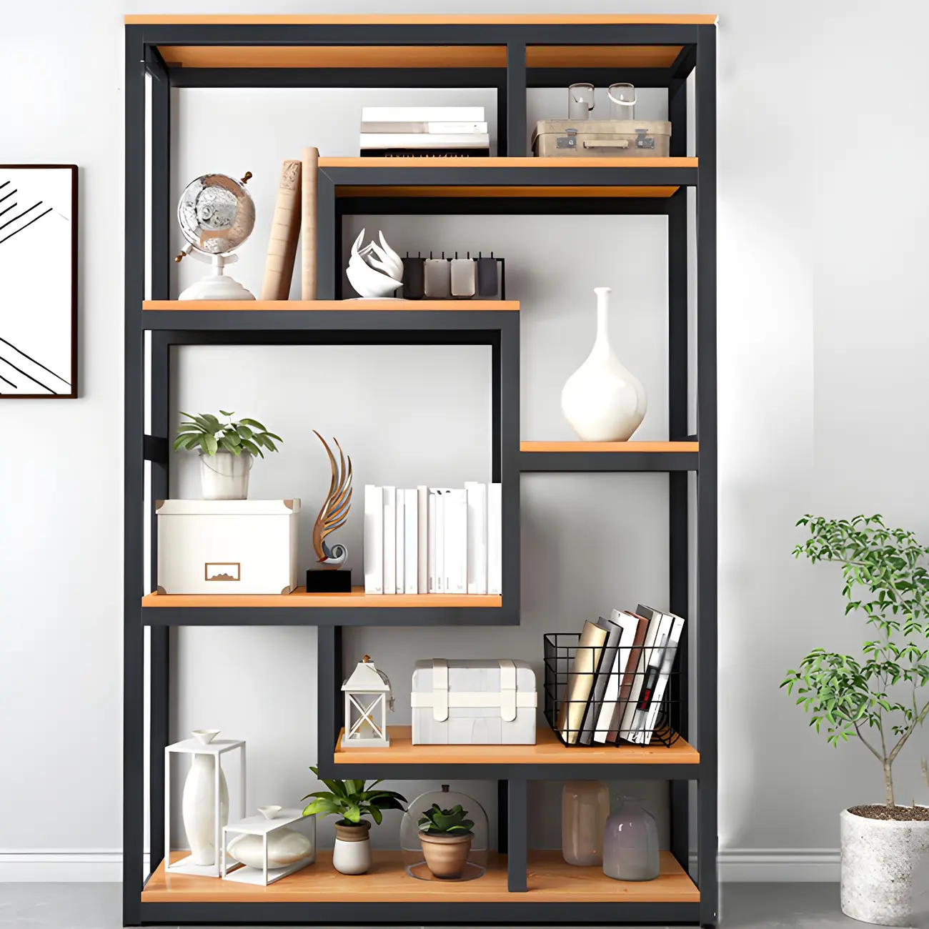 Modern Geometric Wood Metal Bookcase Image - 1 | homeyfad