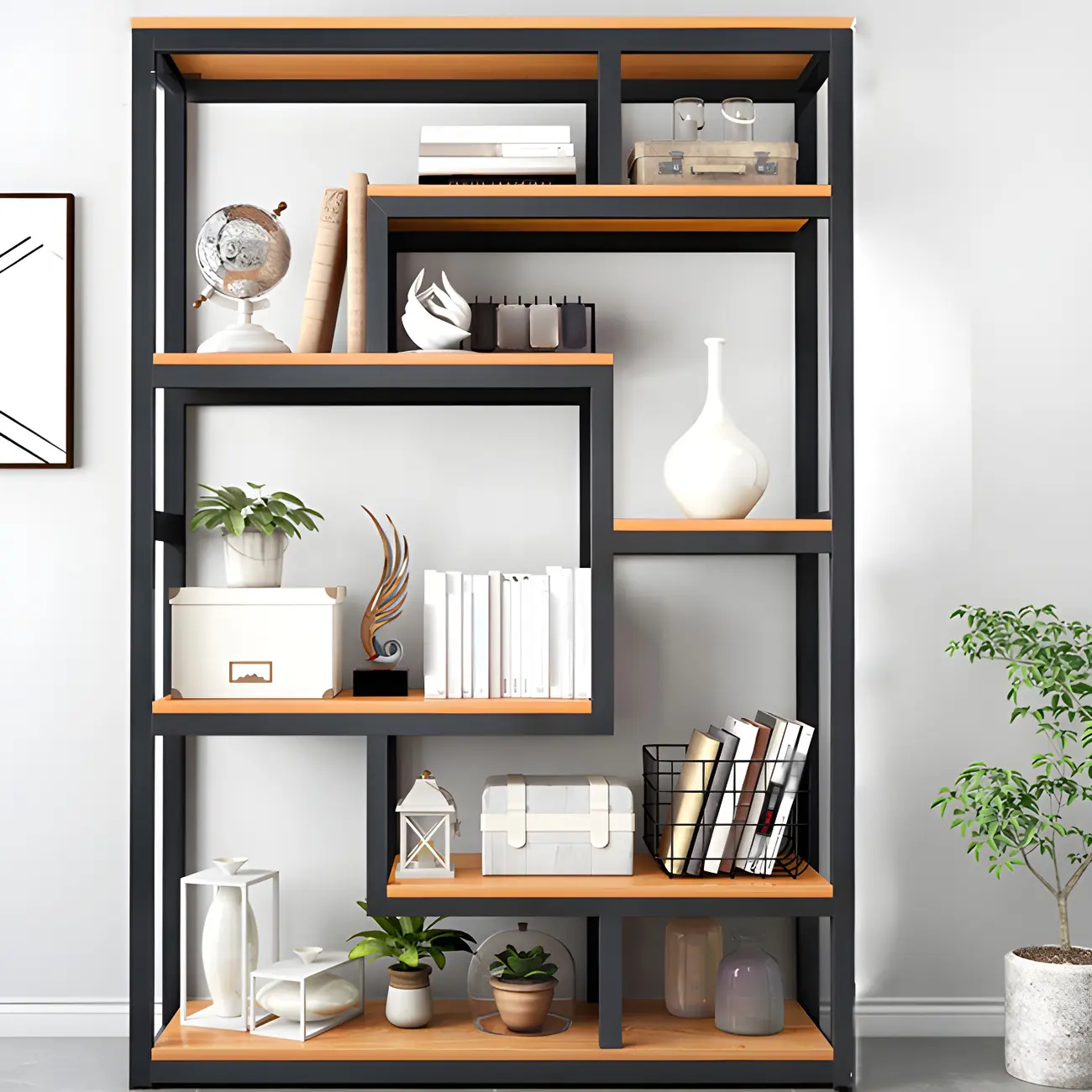 Modern Geometric Wood Metal Bookcase Image - 2 | homeyfad