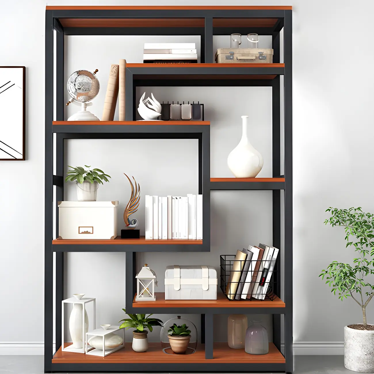 Modern Geometric Wood Metal Bookcase Image - 16 | homeyfad
