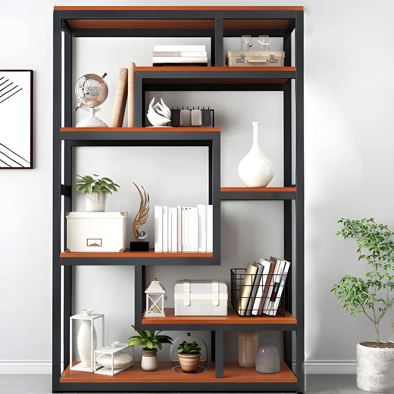 Modern Geometric Wood Metal Bookcase Image - 18 | homeyfad