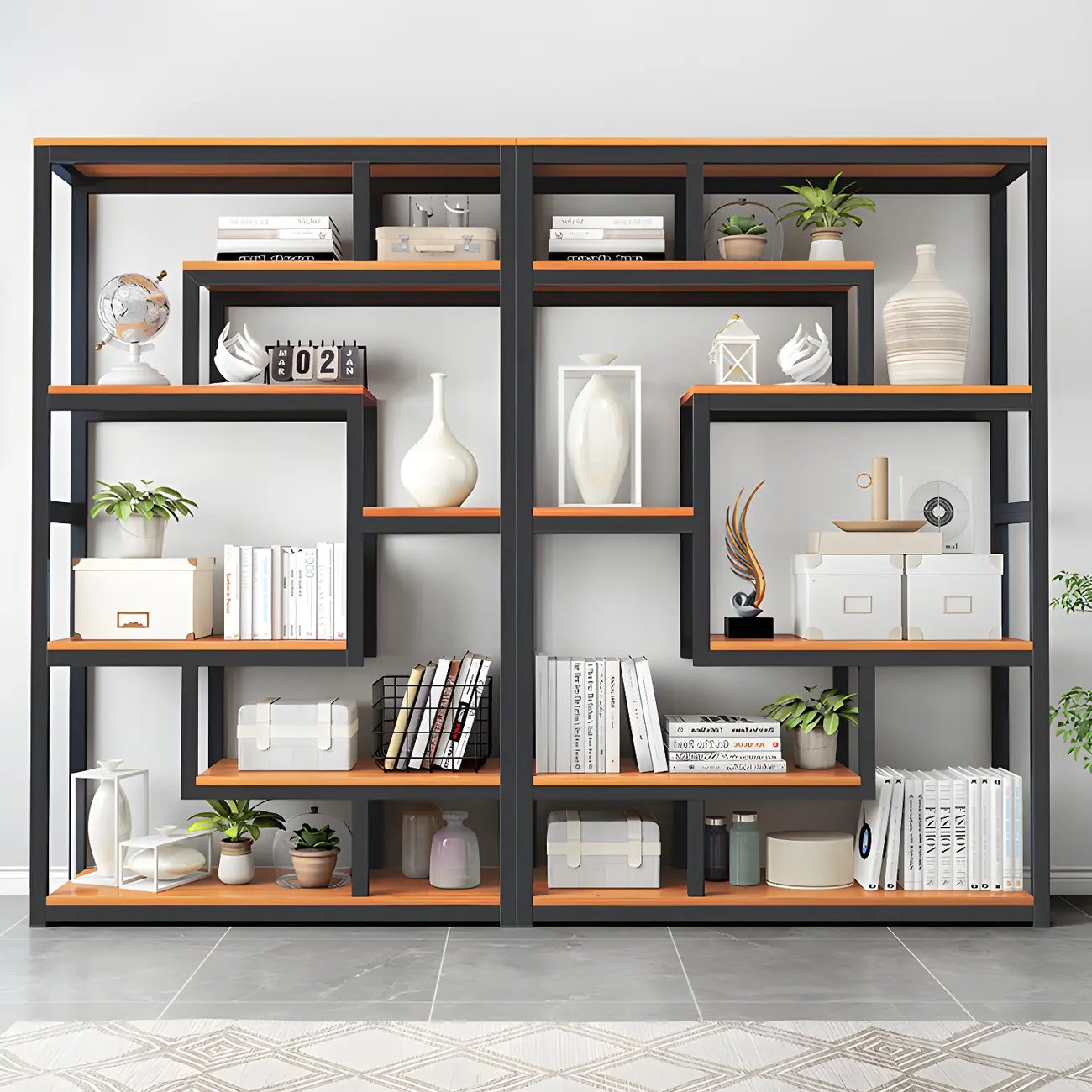 Modern Geometric Wood Metal Bookcase Image - 3 | homeyfad