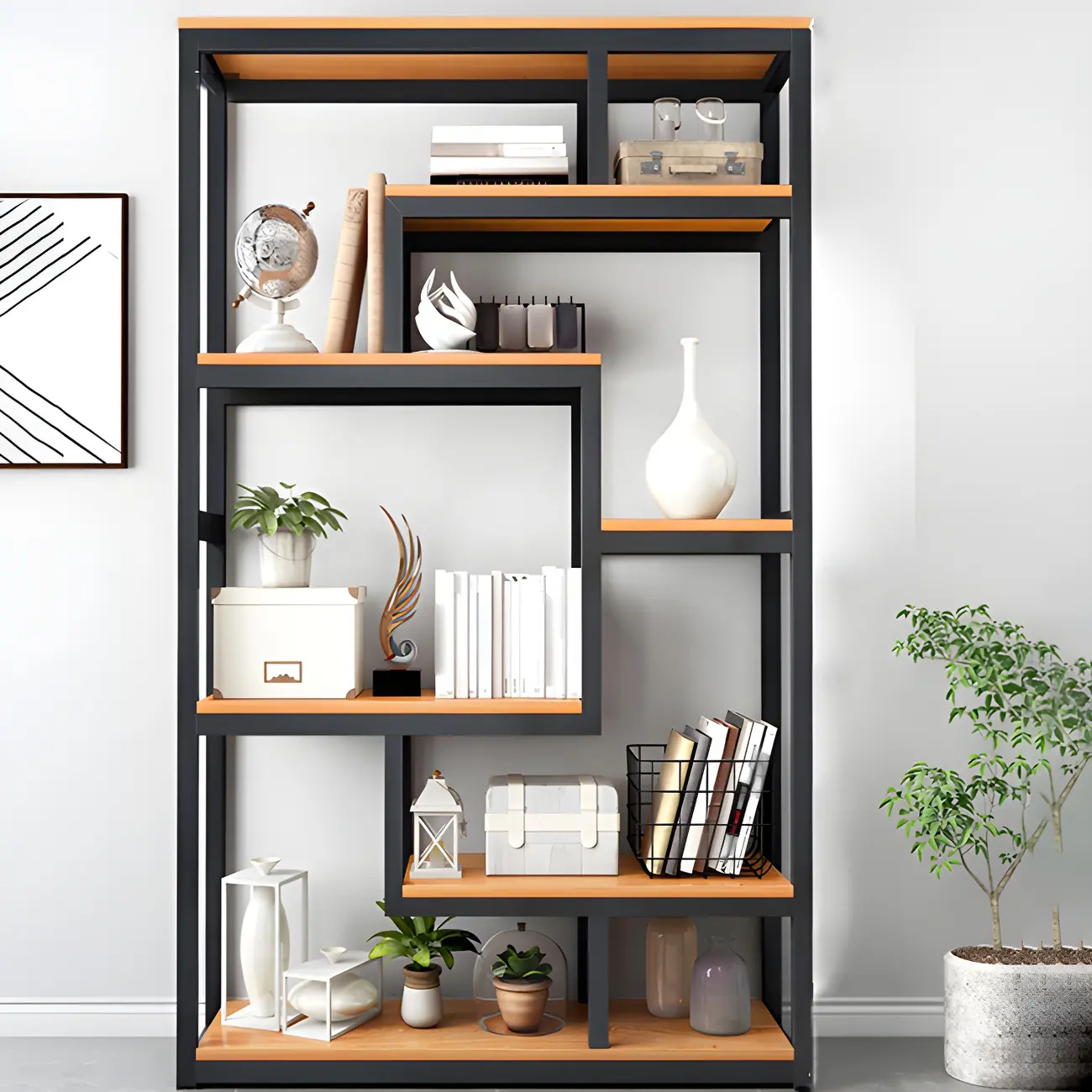 Modern Geometric Wood Metal Bookcase Image - 17 | homeyfad