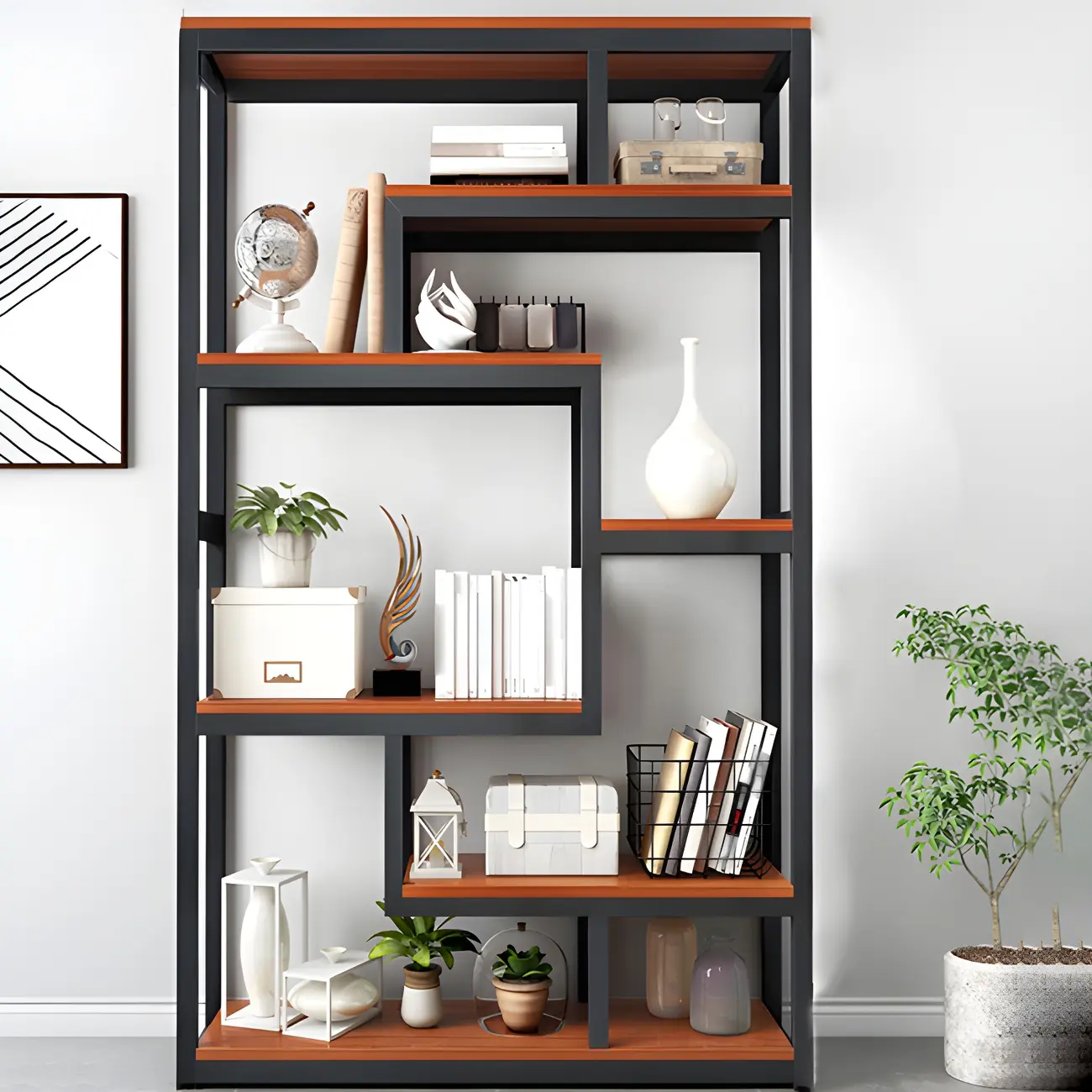 Modern Geometric Wood Metal Bookcase Image - 6 | homeyfad