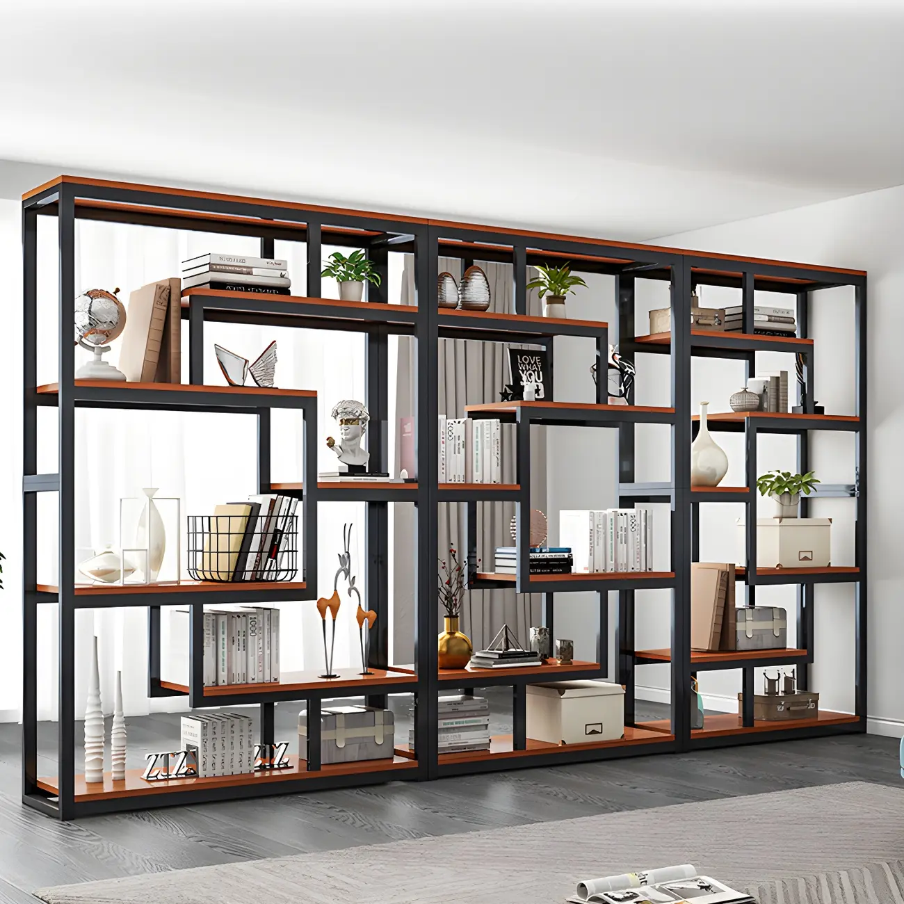 Modern Geometric Wood Metal Bookcase Image - 4 | homeyfad