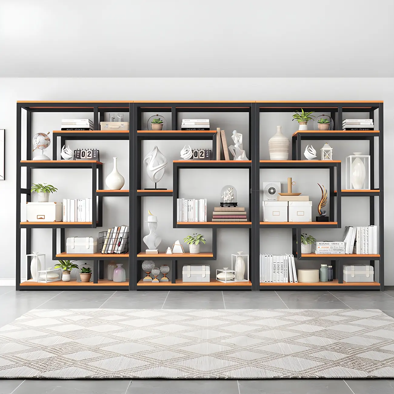 Modern Geometric Wood Metal Bookcase Image - 5 | homeyfad