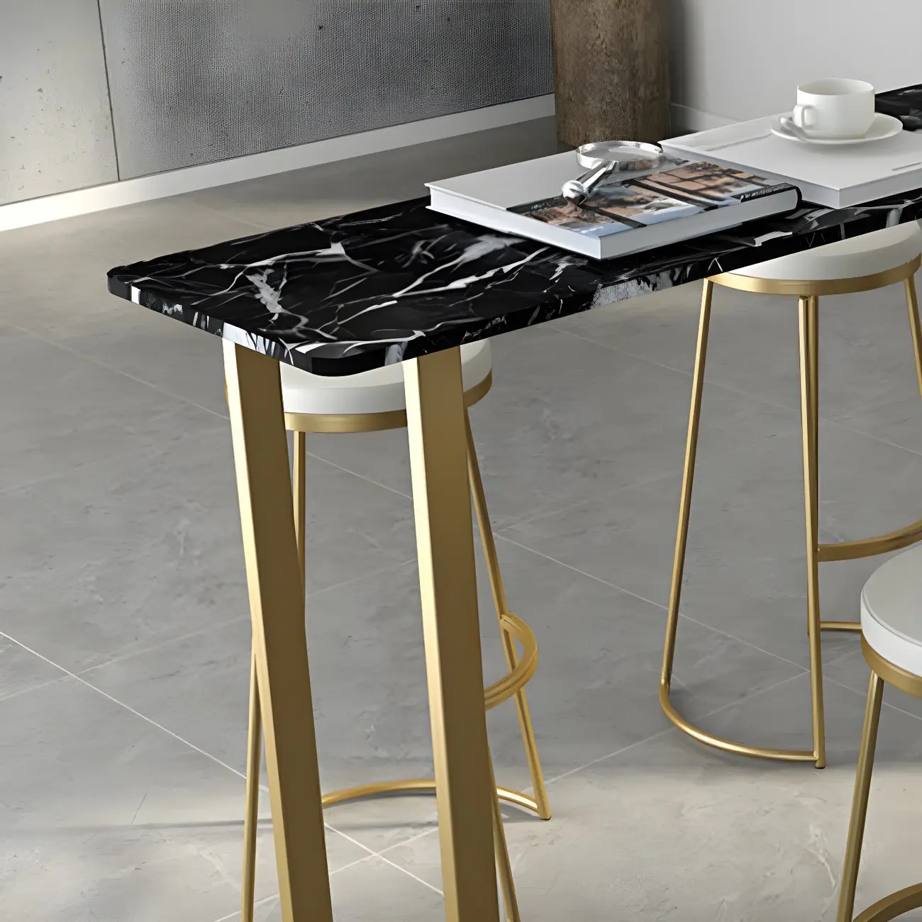 Black Rectangle Marble Tall Bar Table Gold Base Image - 6 | homeyfad