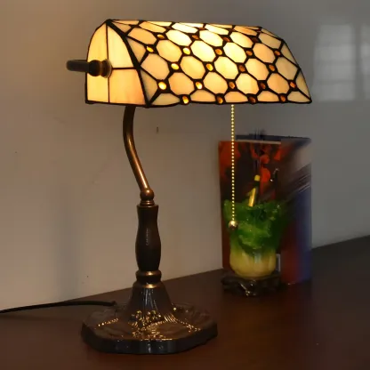 Retro Stained Glass LED Banker Table Lamp in Pull Chain Image - 5