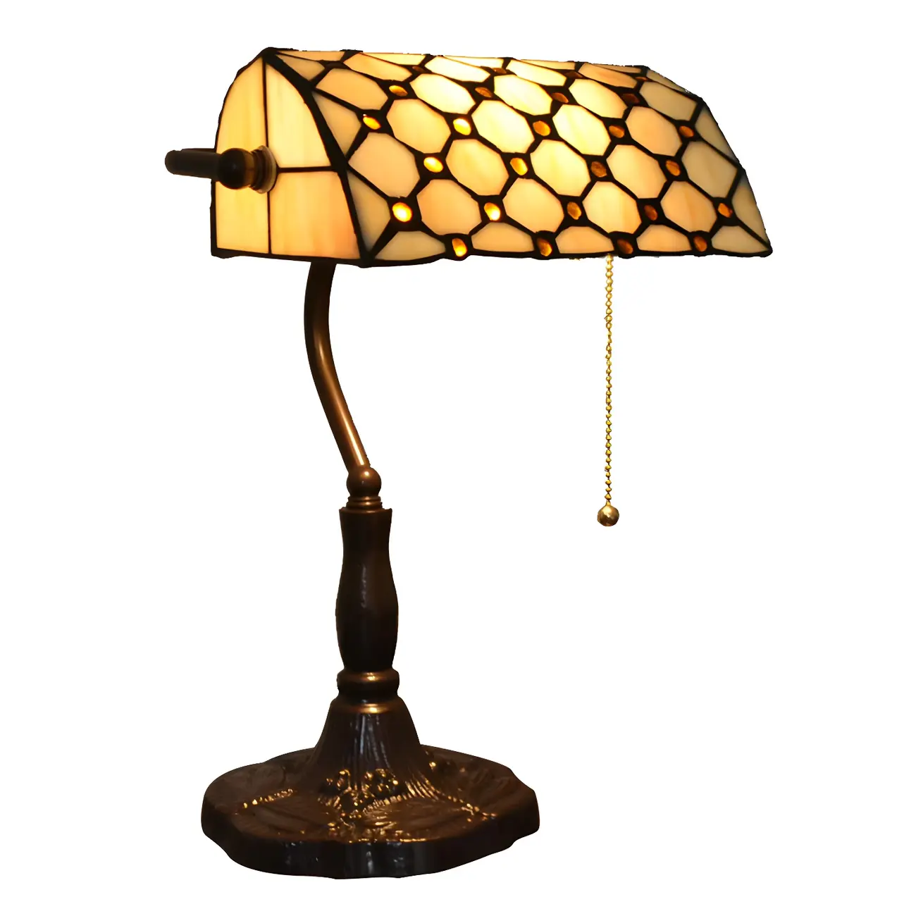 Retro Stained Glass LED Banker Table Lamp in Pull Chain Image - 8 | homeyfad